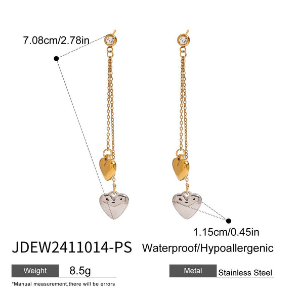 Stainless Steel Geometric Love Tassel Earrings With 18K Gold And White Diamond Gold And Silver Color Matching Electroplated