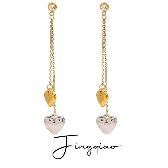 Stainless Steel Geometric Love Tassel Earrings With 18K Gold And White Diamond Gold And Silver Color Matching Electroplated