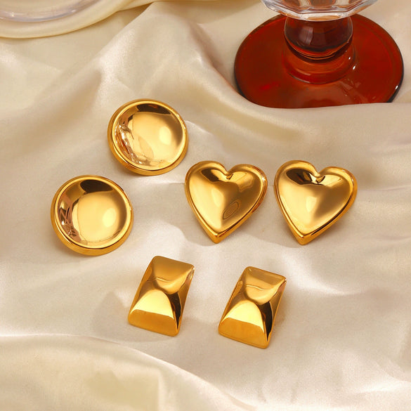 Stainless Steel Geometric Love Trapezoidal Round Earrings For Women 18K Gold Plated