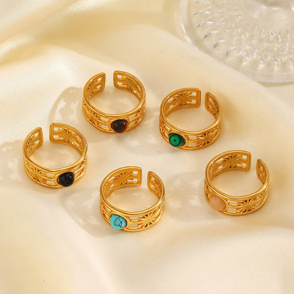 Stainless Steel Geometric Malachiteturquoiseobsidian Women's Hip Hop Ring With Electroplating