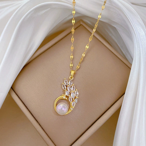 Stainless Steel Geometric Mermaid Peacock Micro Diamond Women's Necklace