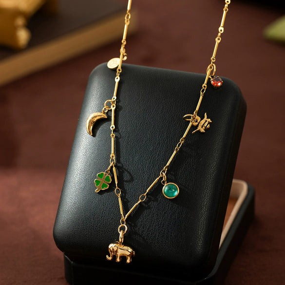 Stainless Steel Geometric Moon Four Leaf Clover Pendant Necklace Furnace Vacuum Electroplated 18K Gold Color