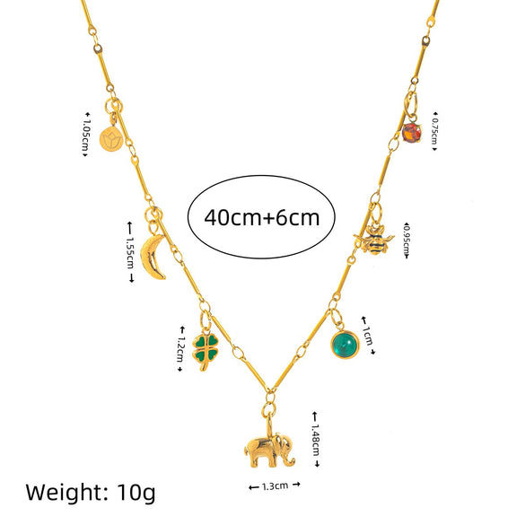 Stainless Steel Geometric Moon Four Leaf Clover Pendant Necklace Furnace Vacuum Electroplated 18K Gold Color
