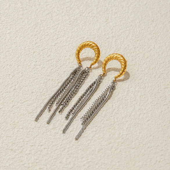 Stainless Steel Geometric Moon Tassel Earrings Electroplated For Women