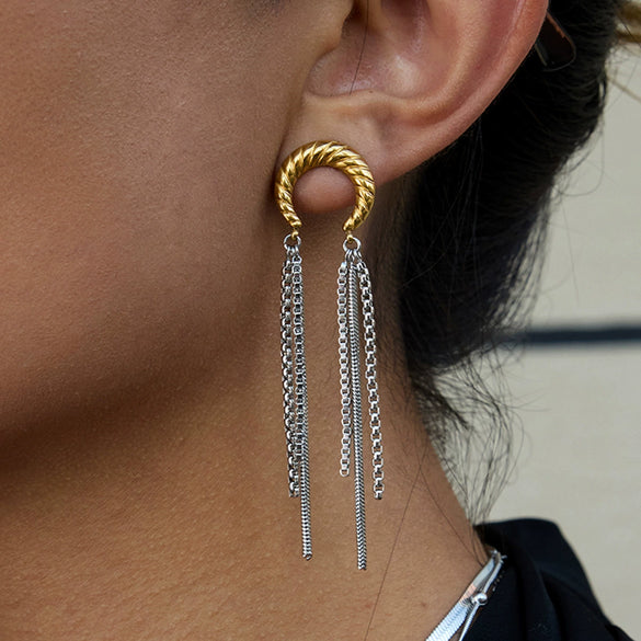 Stainless Steel Geometric Moon Tassel Earrings Electroplated For Women