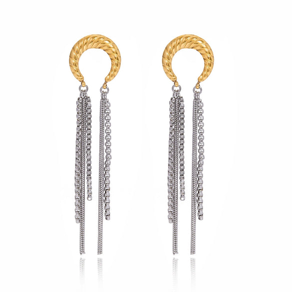 Stainless Steel Geometric Moon Tassel Earrings Electroplated For Women