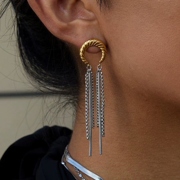 Stainless Steel Geometric Moon Tassel Earrings Electroplated For Women