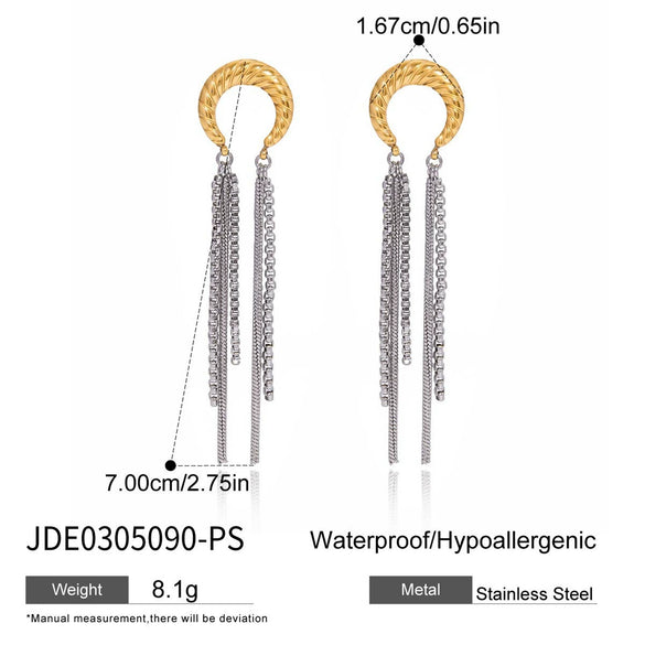 Stainless Steel Geometric Moon Tassel Earrings Electroplated For Women