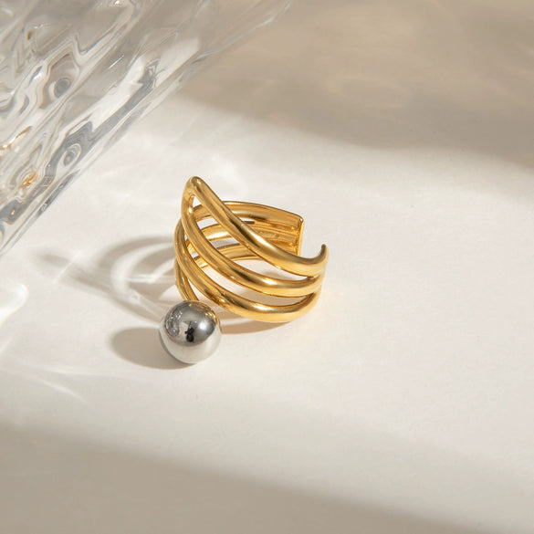Stainless Steel Geometric Multi Layer Steel Ball Opening Ring With Gold And Silver Color Matching And Electroplating Treatment
