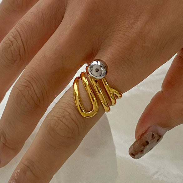 Stainless Steel Geometric Multi Layer Steel Ball Opening Ring With Gold And Silver Color Matching And Electroplating Treatment