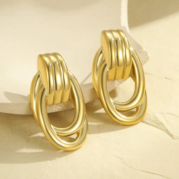Stainless Steel Geometric Multilayer Earrings With Golden Thread Winding And Electroplating