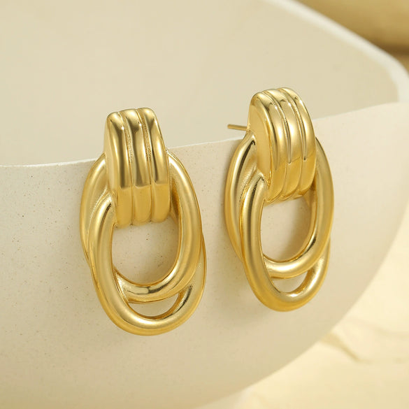 Stainless Steel Geometric Multilayer Earrings With Golden Thread Winding And Electroplating