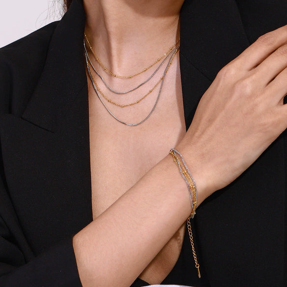 Stainless Steel Geometric Multilayer Necklace And Bracelet With Electroplating Treatment