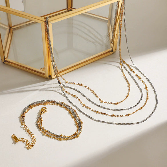 Stainless Steel Geometric Multilayer Necklace And Bracelet With Electroplating Treatment