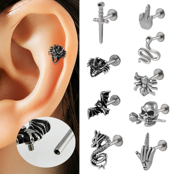Stainless Steel Geometric Multiple Shapes Lip Ring And Tshaped Earrings Polish Process Unisex Fashion Style