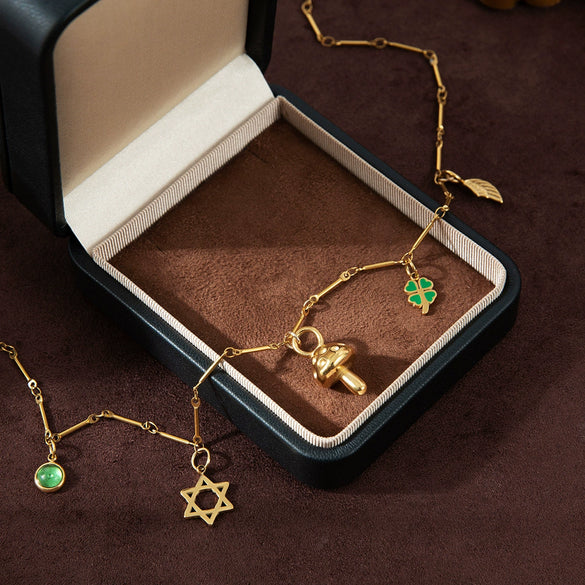 Stainless Steel Geometric Mushroom Four Leaf Clover Birthstone Pendant Necklace With Vacuum Plating