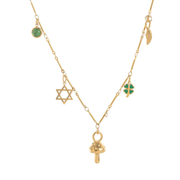 Stainless Steel Geometric Mushroom Four Leaf Clover Birthstone Pendant Necklace With Vacuum Plating