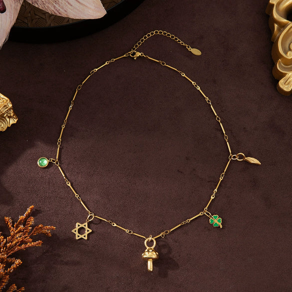 Stainless Steel Geometric Mushroom Four Leaf Clover Birthstone Pendant Necklace With Vacuum Plating