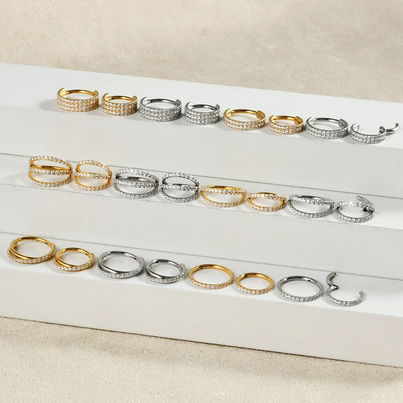 Stainless Steel Geometric Nose Ring And Ear Bone Ring With Electroplating And Three Layer Inlaid White Zircon