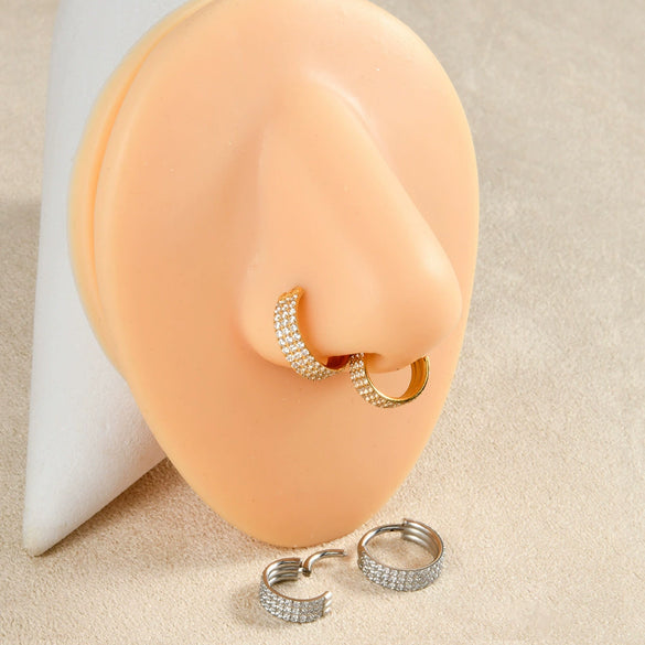 Stainless Steel Geometric Nose Ring And Ear Bone Ring With Electroplating And Three Layer Inlaid White Zircon