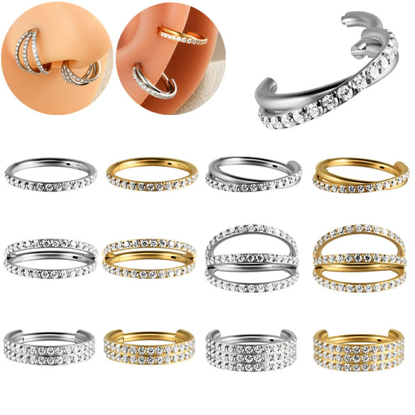 Stainless Steel Geometric Nose Ring And Ear Bone Ring With Electroplating And Three Layer Inlaid White Zircon