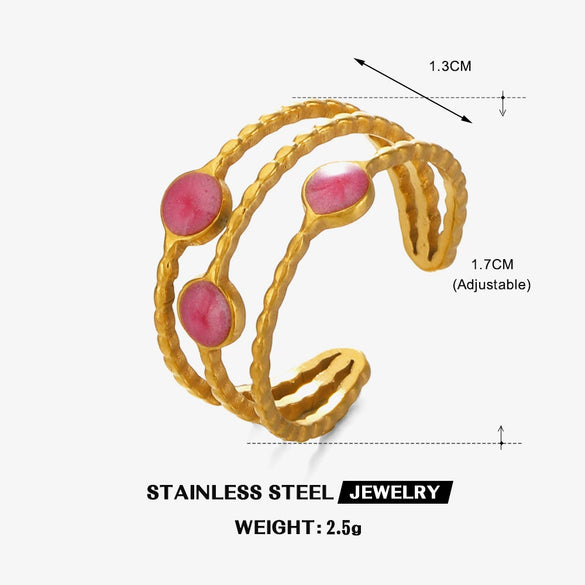 Stainless Steel Geometric Oil Drop 3Layer Round Bead Open Hiphop Lady Ring Electroplated