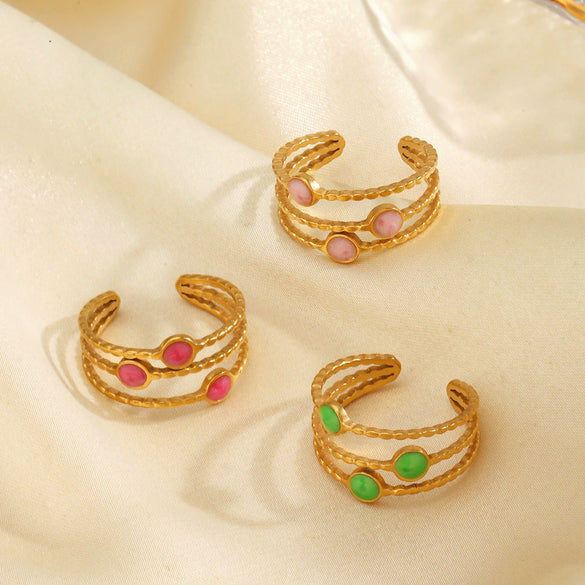 Stainless Steel Geometric Oil Drop 3Layer Round Bead Open Hiphop Lady Ring Electroplated