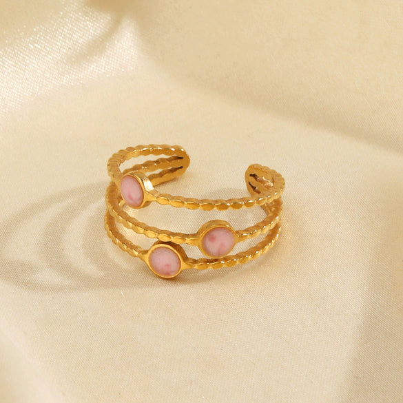 Stainless Steel Geometric Oil Drop 3Layer Round Bead Open Hiphop Lady Ring Electroplated