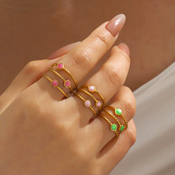 Stainless Steel Geometric Oil Drop 3Layer Round Bead Open Hiphop Lady Ring Electroplated