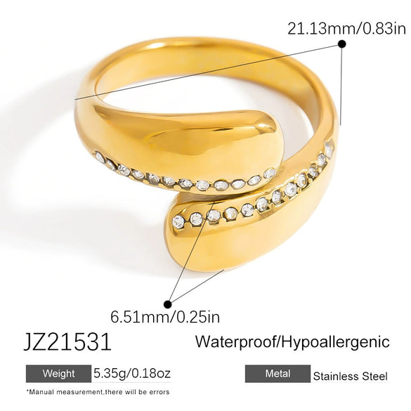 Stainless Steel Geometric Open Ring Jewelry Electroplated With Bright Stone And 18K Gold Colorpreserving Feature