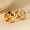 Stainless Steel Geometric Open Ring Set With Pearls And Tiger Eye Stone Minimalist Style Women's