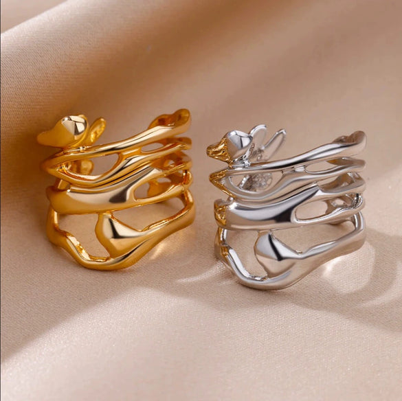 Stainless Steel Geometric Opening Adjustable Ring Inlaid With Gold For Men