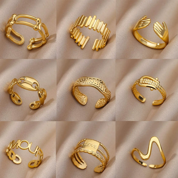 Stainless Steel Geometric Opening Adjustable Ring Inlaid With Gold For Men