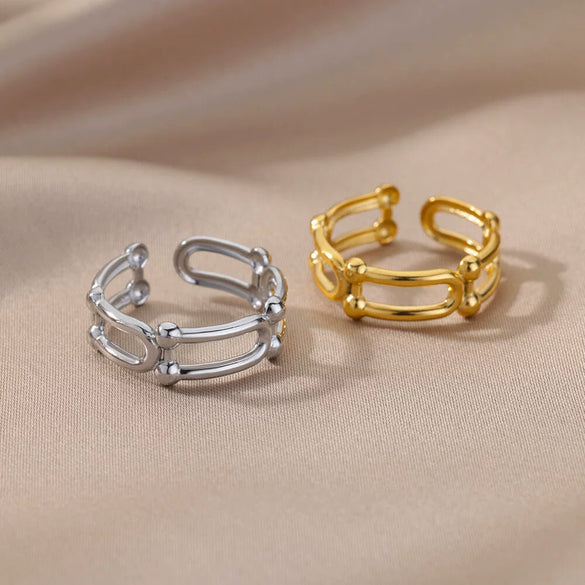 Stainless Steel Geometric Opening Adjustable Ring Inlaid With Gold For Men