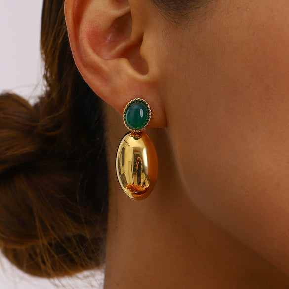 Stainless Steel Geometric Oval Green Agate Pendant Earrings For Women Electroplated Light Luxury Design