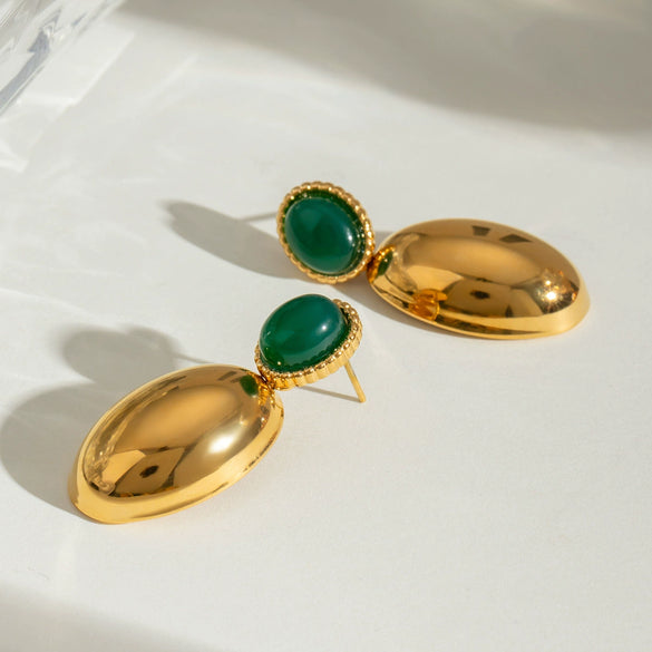 Stainless Steel Geometric Oval Green Agate Pendant Earrings For Women Electroplated Light Luxury Design