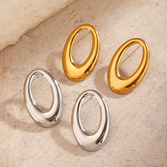 Stainless Steel Geometric Oval Hiphop Cut Out Electroplated Women's Earrings