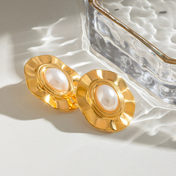 Stainless Steel Geometric Oval Pleated Earrings With Electroplating For Women