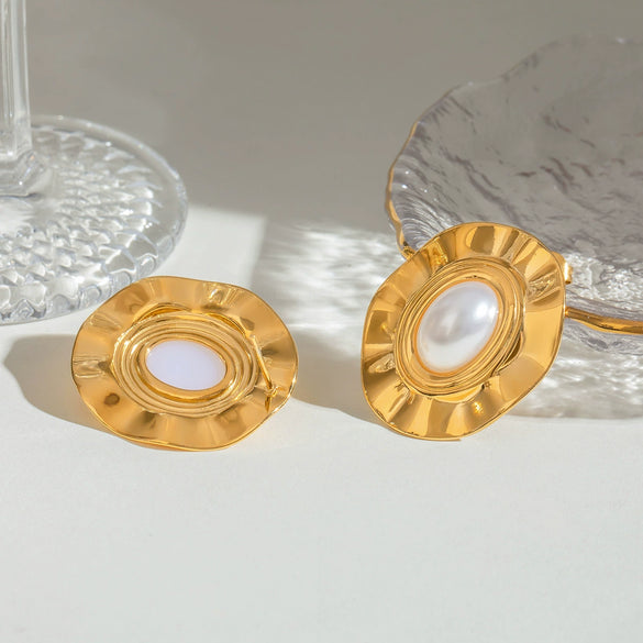 Stainless Steel Geometric Oval Pleated Earrings With Electroplating For Women