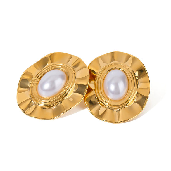 Stainless Steel Geometric Oval Pleated Earrings With Electroplating For Women