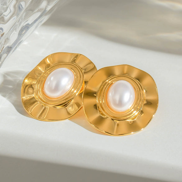 Stainless Steel Geometric Oval Pleated Earrings With Electroplating For Women