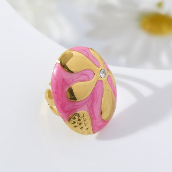 Stainless Steel Geometric Oval Ring With Oil Dropping Small Flower And Diamond Electroplated Unisex High Color Retainability Summer New