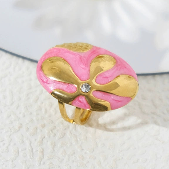 Stainless Steel Geometric Oval Ring With Oil Dropping Small Flower And Diamond Electroplated Unisex High Color Retainability Summer New