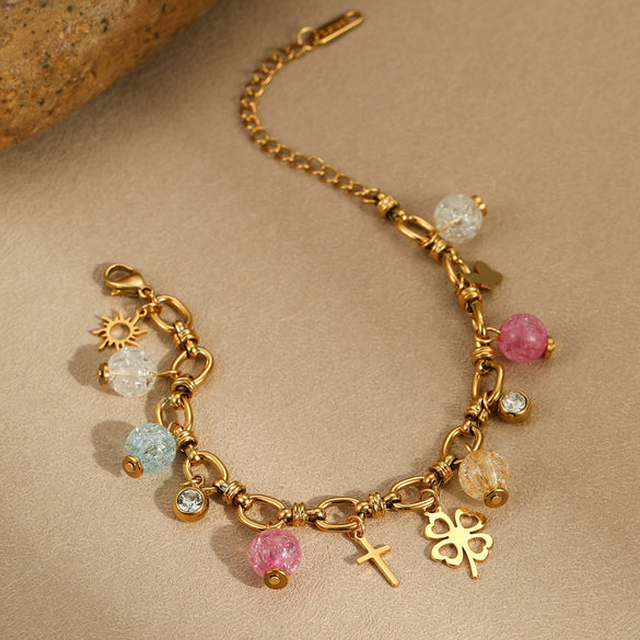Stainless Steel Geometric Pattern Electroplated Cross Pendant Bracelet For Women