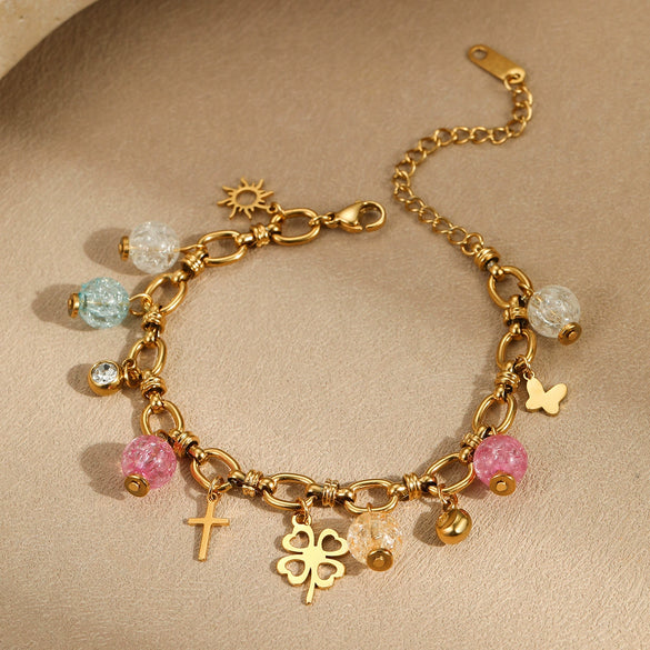 Stainless Steel Geometric Pattern Electroplated Cross Pendant Bracelet For Women