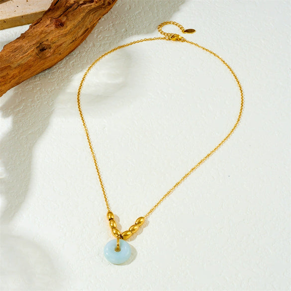 Stainless Steel Geometric Pattern Gold Plated Oval Beaded O Word Chain Pendant Necklace Accessories