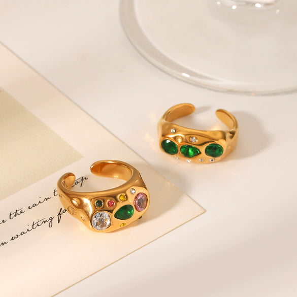 Stainless Steel Geometric Pattern Hammering Opening Ring Inlaid Zircon For Women