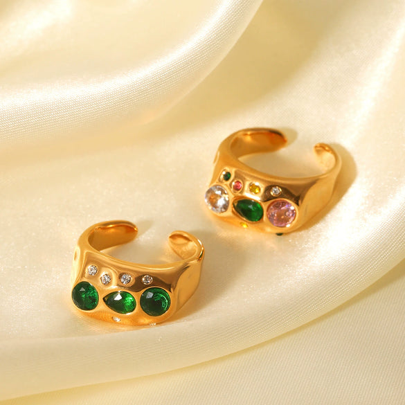 Stainless Steel Geometric Pattern Hammering Opening Ring Inlaid Zircon For Women