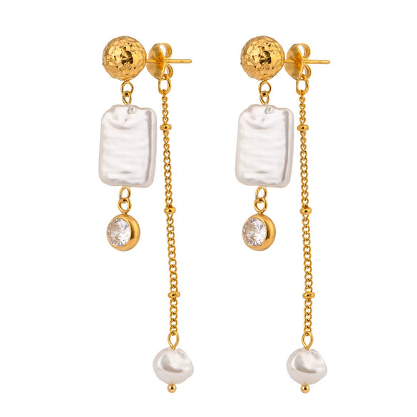 Stainless Steel Geometric Pearl Bow Tassel Earrings Electroplating For Women Retro Style
