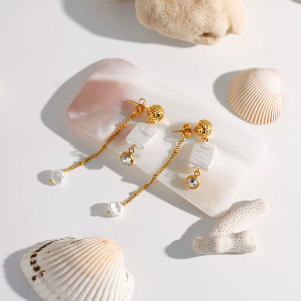 Stainless Steel Geometric Pearl Bow Tassel Earrings Electroplating For Women Retro Style